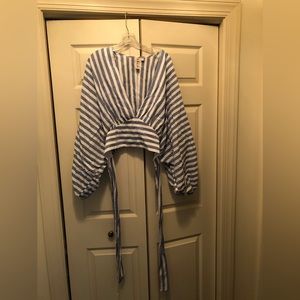 Anthropologie Plus Size 2X 100% Cotton Striped Cropped Puffed Sleeve Blouse